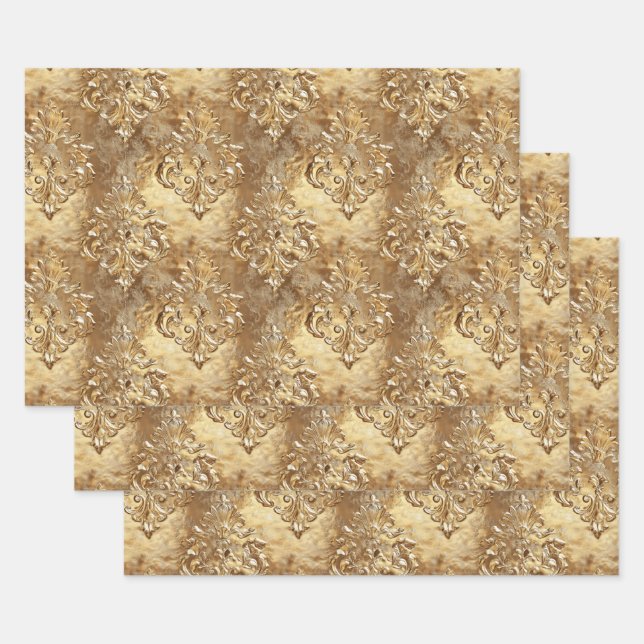 Hoja De Papel De Regalo Elegant Gold Faux Brocade Gift  (Set)