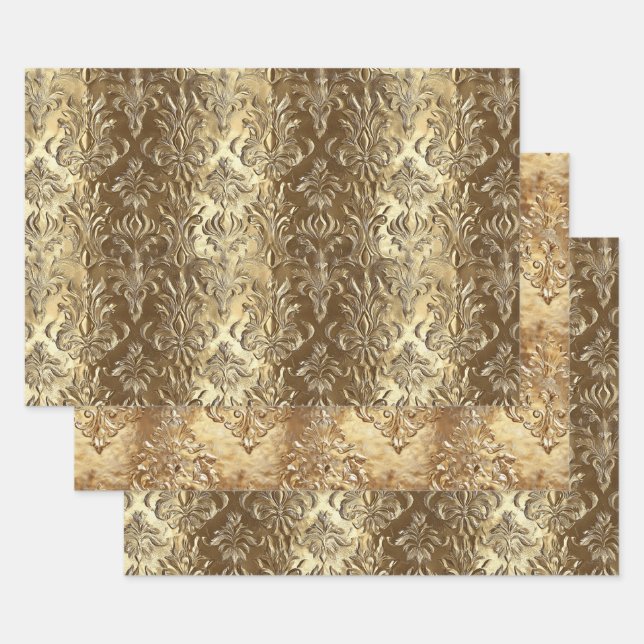 Hoja De Papel De Regalo Elegant Gold Faux Brocade Gift  (Set)