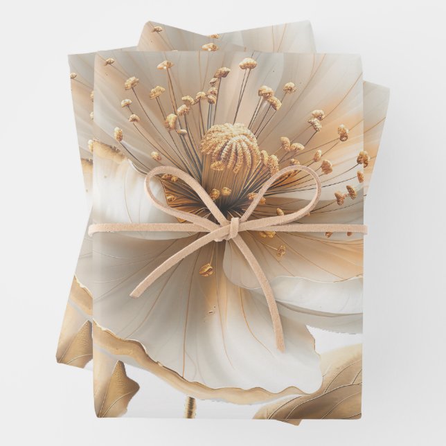 Hoja De Papel De Regalo Elegant Gold & White Poppy Wedding Wrapping Paper (In situ)