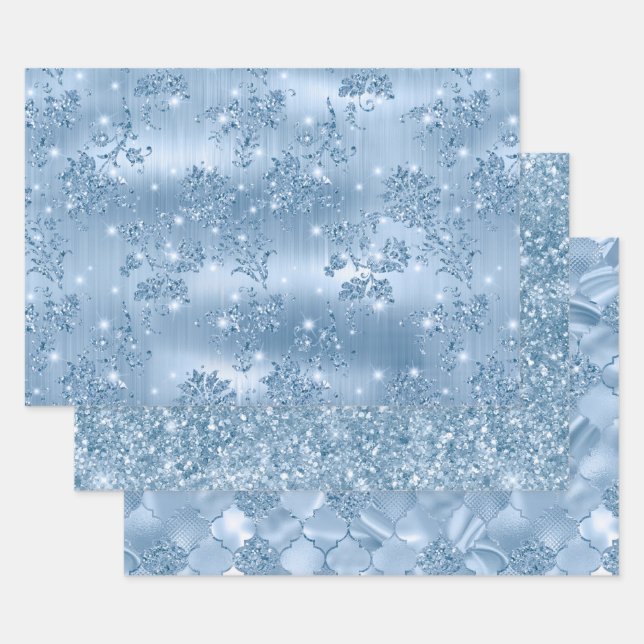 Hoja De Papel De Regalo Elegant Light Blue Glitter Glam Patterns (Set)
