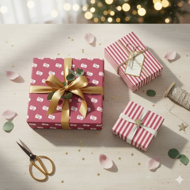 Hoja De Papel De Regalo Elegant Pink Floral & Stripe Wrapping Paper Set (Subido por el creador)