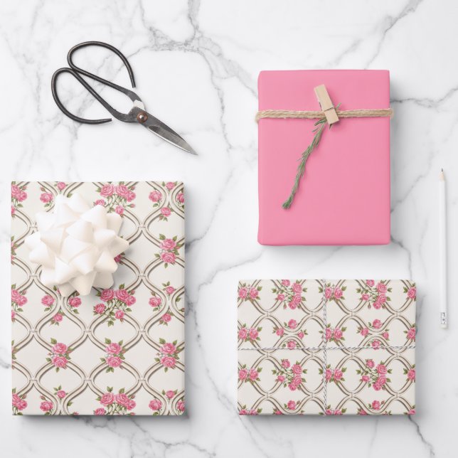 Hoja De Papel De Regalo Elegant Rococo Revival Pink Floral & Beige Lattice (Anverso)