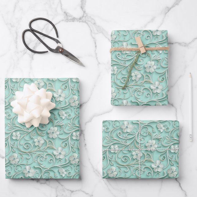 Hoja De Papel De Regalo Elegant teal swirl flower pattern  (Anverso)