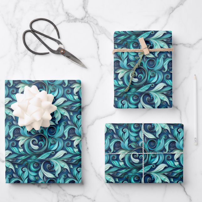 Hoja De Papel De Regalo Elegant teal swirl leaf pattern  (Anverso)