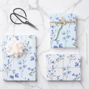 Hoja De Papel De Regalo Elegante acuarela botánica floral pastel azul