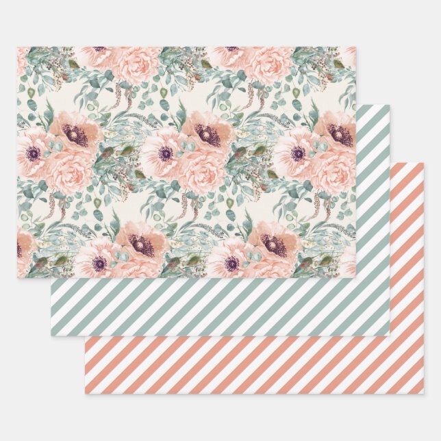 Hoja De Papel De Regalo Elegante acuarela rosa Floral Sage Green Stripes (Set)