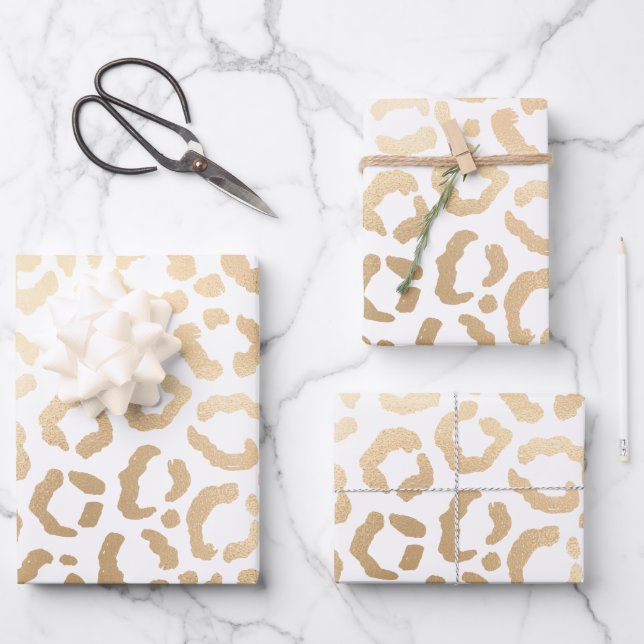 Hoja De Papel De Regalo Elegante animal de leopardo blanco de oro (Anverso)