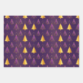 Hoja De Papel De Regalo Elegante árbol de Navidad morado y dorado