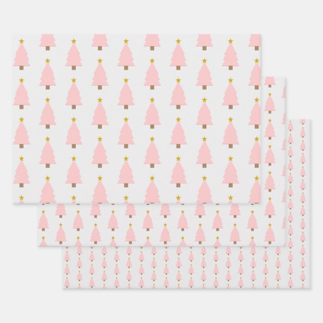 Hoja De Papel De Regalo Elegante Árbol de Navidad Rosa y Patrón Estrella D (Set)