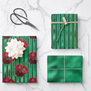 Hoja De Papel De Regalo Elegante banda floral metálica verde
