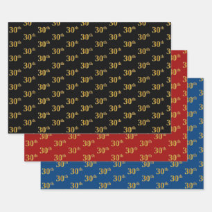 Hoja De Papel De Regalo Elegante Black, Red, Blue, Faux Gold 30th Event #