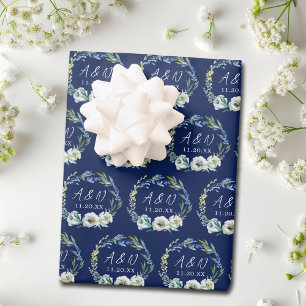 Hoja De Papel De Regalo Elegante Boda de Invierno de la Marina Azul Floral