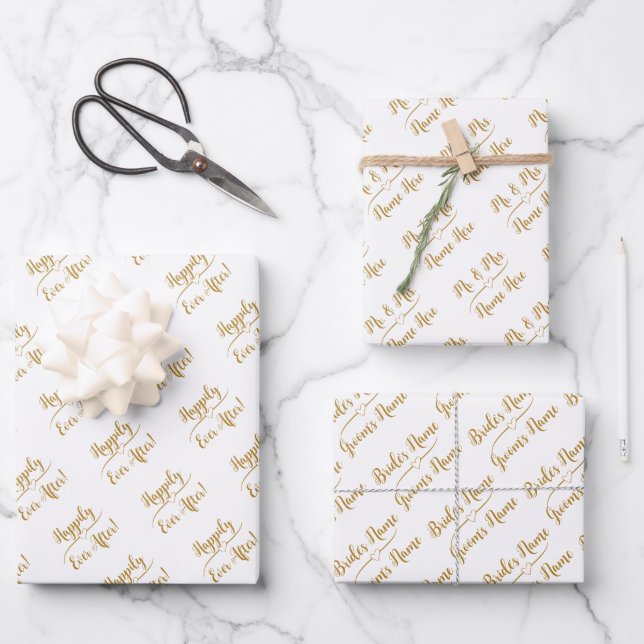 Hoja De Papel De Regalo Elegante Boda personalizado Bride Groom Gold White (Anverso)