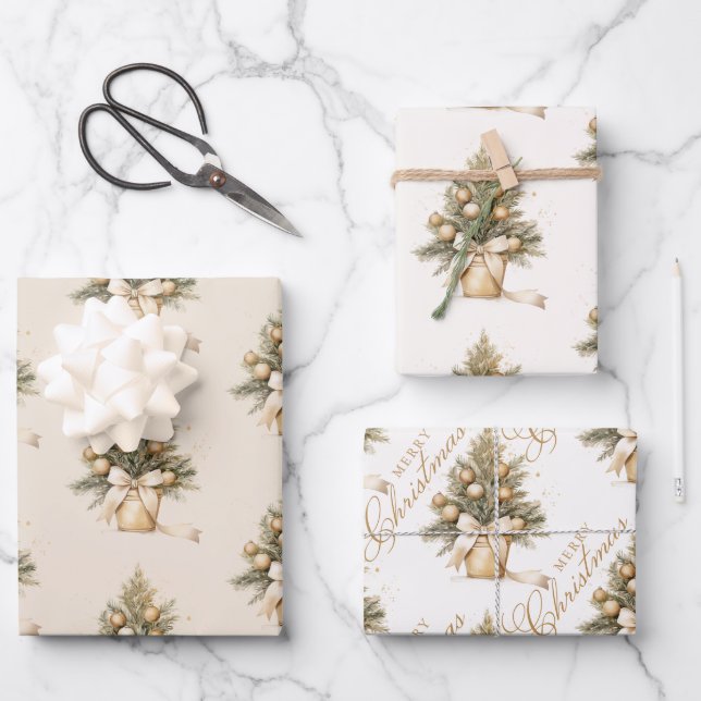 Hoja De Papel De Regalo Elegante caligrafía de árbol de Navidad beige dora (Anverso)