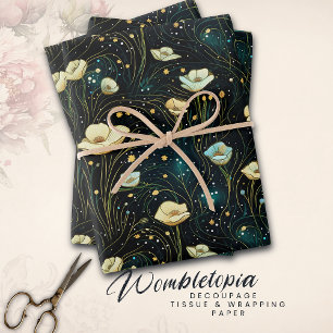 Hoja De Papel De Regalo Elegante Celestial Floral Medianoche Azul y Oro