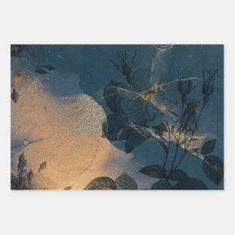 Hoja De Papel De Regalo Elegante cosecha floral azul y dorada