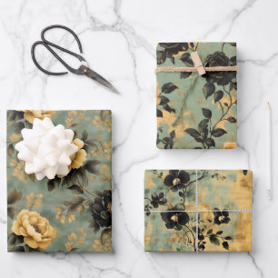 Hoja De Papel De Regalo Elegante crema vintage y floral negra en verde sab