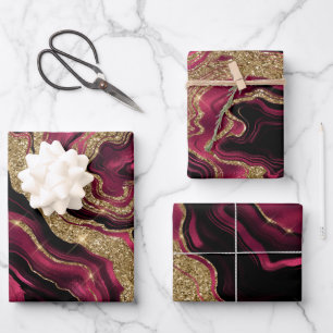 Hoja De Papel De Regalo Elegante Cumpleaños de Ágata con Brillo Rojo y Dor