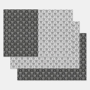 Hoja De Papel De Regalo Elegante Damasco mixto blanco y negro