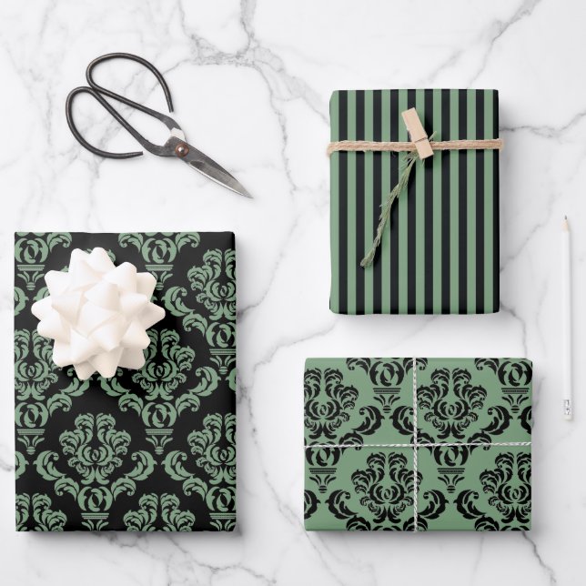 Hoja De Papel De Regalo Elegante Damasco Verde (Anverso)