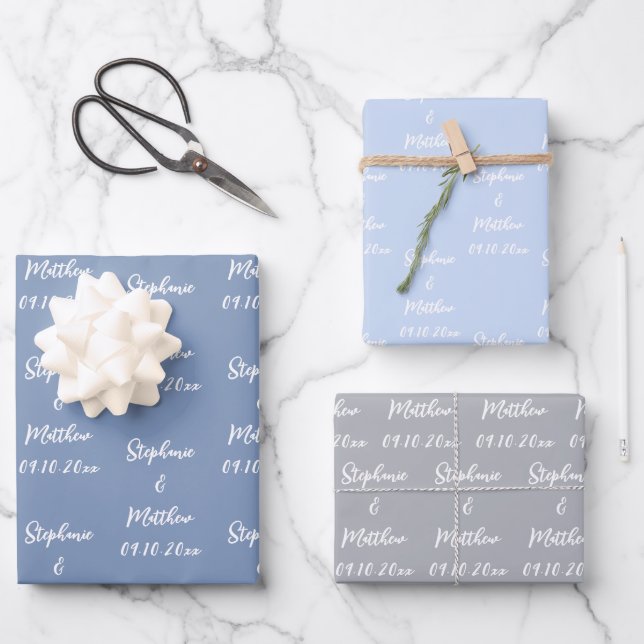 Hoja De Papel De Regalo Elegante Dusty Blue Bride Groom nombra Bodas (Anverso)