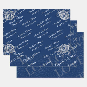 Hoja De Papel De Regalo Elegante encaje floral sobre Boda azul de la marin