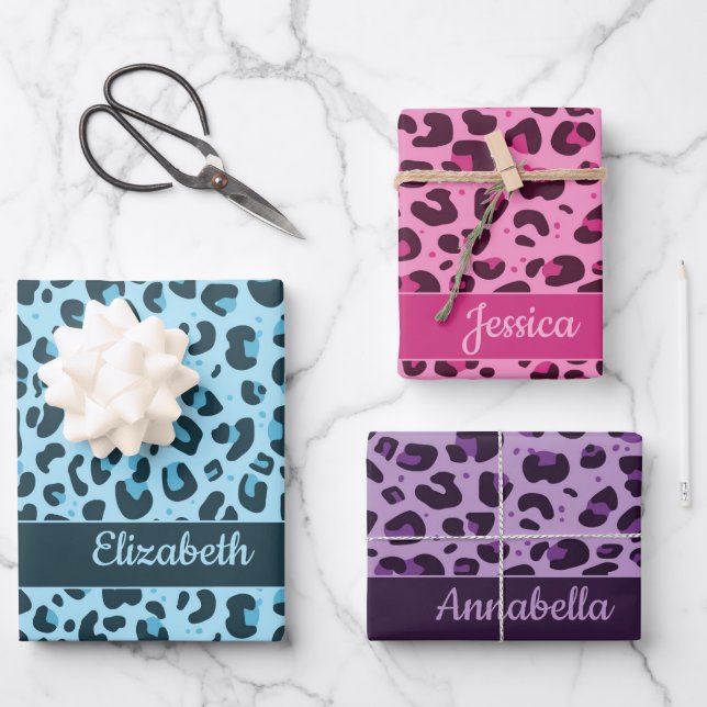 Hoja De Papel De Regalo Elegante estampado de leopardo morado azul rosa co (Anverso)