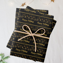 Hoja De Papel De Regalo Elegante Felices Fiestas Negros Personalizado Oro