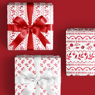 Hoja De Papel De Regalo Elegante Fiesta Botánica Rojo Folk