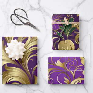 Hoja De Papel De Regalo Elegante Floral de Mardi Gras en Púrpura, Verde y 