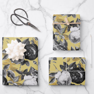 Hoja De Papel De Regalo Elegante floral de Rosas de oro blanco negro vinta