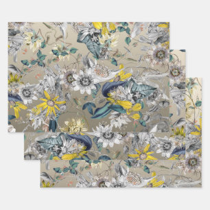 Hoja De Papel De Regalo Elegante floral dorada vintage de color gris amari