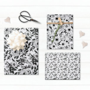 Hoja De Papel De Regalo Elegante Floral en Blanco y Negro