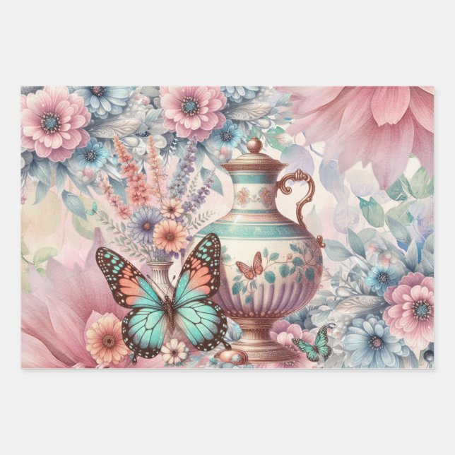 Hoja De Papel De Regalo Elegante floral y mariposas (Anverso 3)