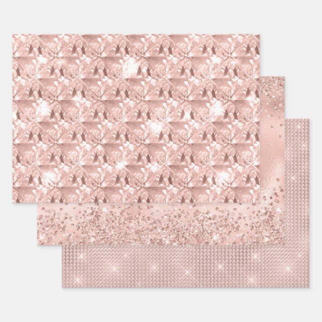 Hoja De Papel De Regalo Elegante Glitzy Femenino Rosa Rubio y Plateado (Set)