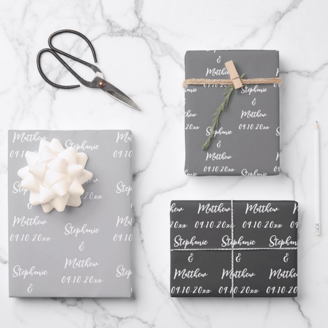 Hoja De Papel De Regalo Elegante Gray Bride Groom nombra Bodas (Anverso)