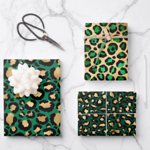 Hoja De Papel De Regalo Elegante Leopardo Verde y Relieve metalizado dorad