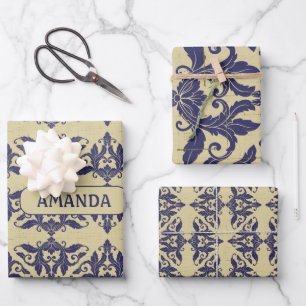 Hoja De Papel De Regalo Elegante marina adamascada vintage Monograma amari