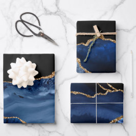 Hoja De Papel De Regalo Elegante mármol de ágata azul marino dorado con br