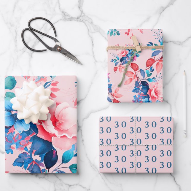 Hoja De Papel De Regalo Elegante Moda acuarela Floral 30 cumpleaños Rubor (Anverso)