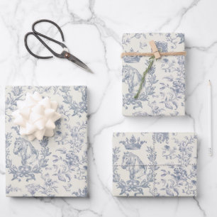 Hoja De Papel De Regalo Elegante Moda Azul Beige Menús Floral Toile