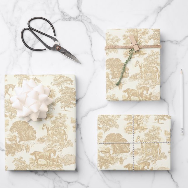 Hoja De Papel De Regalo Elegante Moda Cream Beige Horse Toile (Anverso)