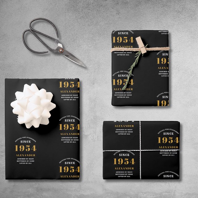 Hoja De Papel De Regalo Elegante Moda de oro negro en 1954 (70th Birthday Chic 1954 Themed Black & Gold Elegant Wrapping Paper Sheets.)