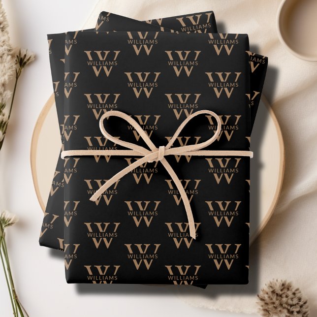 Hoja De Papel De Regalo Elegante Monograma Personalizado Personalizado Neg (Elegant Personalized Monogram Name Custom Black Wrapping Paper Sheets)