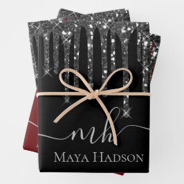 Hoja De Papel De Regalo Elegante monograma Purpurina negro goteo
