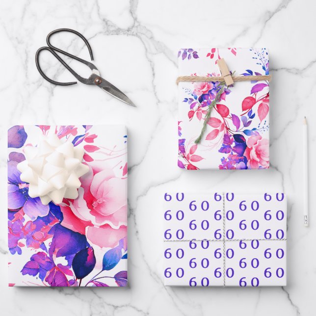 Hoja De Papel De Regalo Elegante Morado Acuarela Floral 60 cumpleaños (Anverso)