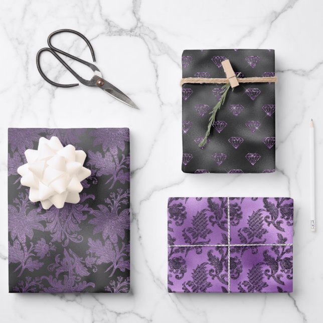Hoja De Papel De Regalo Elegante morado negro floral (Anverso)