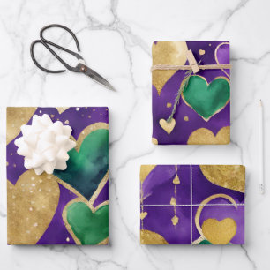 Hoja De Papel De Regalo Elegante morado, verde y oro Corazones Mardi Gras