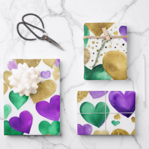 Hoja De Papel De Regalo Elegante morado, verde y oro Corazones Mardi Gras