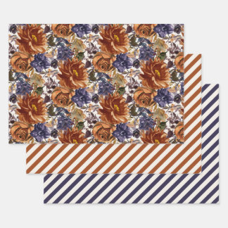 Hoja De Papel De Regalo Elegante Naranja Quemada Azul Marino Otoño Floral